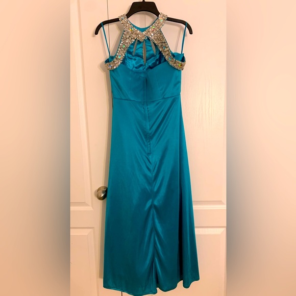 Long formal blue with gem accent gown - Picture 3 of 5